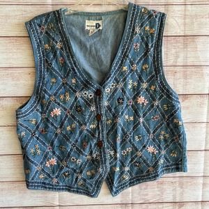 Floral embroidered Jean Vest Sz XL